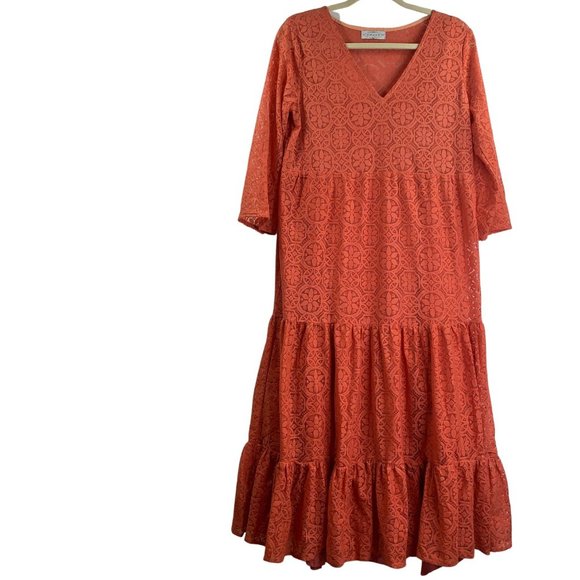 Yady Floral Lace Boho Tiered Ruffle Peasant Dress with Slip Warm Orange Size M - Picture 1 of 8